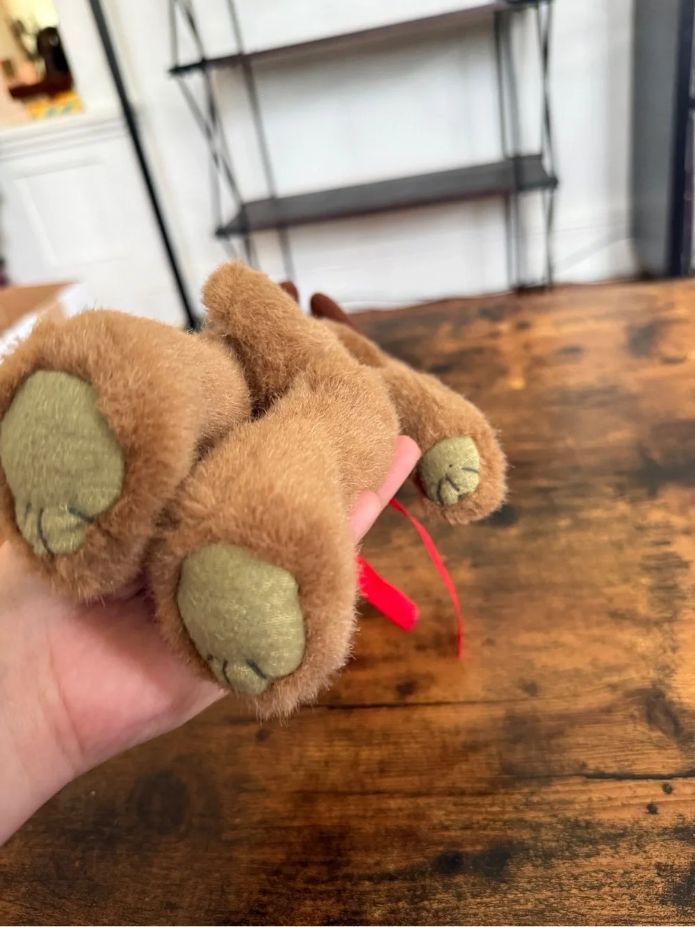 Plush Brown Reindeer Toy with Red Scarf and Santa Hat vintage